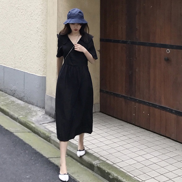 ワンピース ロングワンピース ブラック 黒 モノトーン シック モード Vネック 半袖 五分袖 ゆったり 楽ちん 体型カバー シンプル プチプラレディースファッション通販 Yboueki
