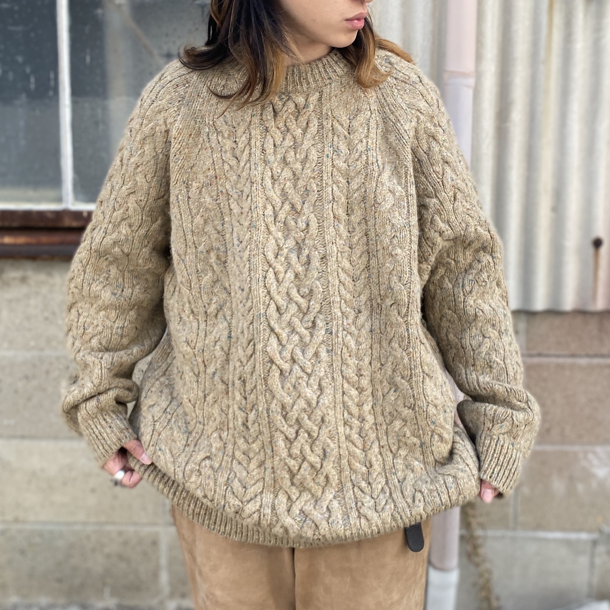 ビッグサイズ スコットランド製 Barbour バブアー フィッシャーマン アランニットセーター ウールニットセーター ベージュ ブラウン カラーネップ 大きいサイズ メンズxxl 古着 ニットセーター Cave 古着屋 公式 古着通販サイト
