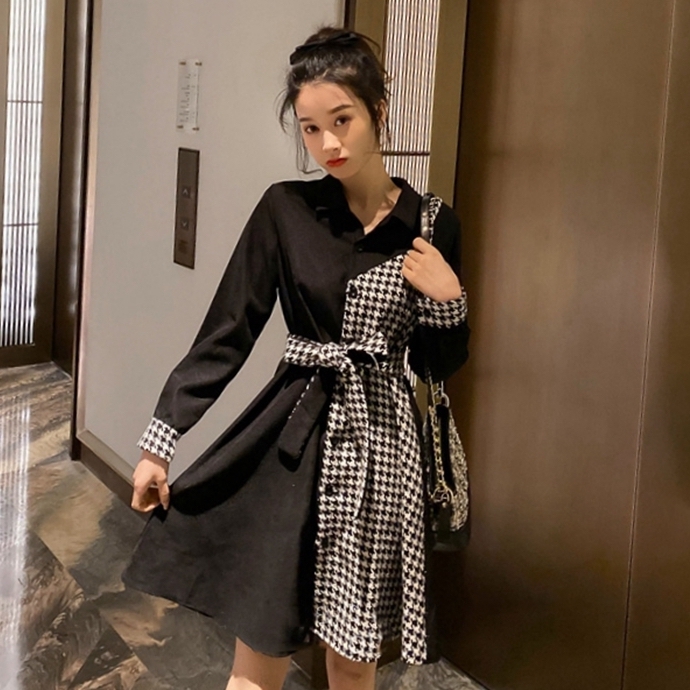 レトロ ガーリー グレンチェック ワンピース レディース ミニワンピ ミニ丈 ショート丈 Aラインスカート 膝丈 ハイウエスト ブラック ワインレッド 長袖 ポロ襟 千鳥格子柄 無地 ウエストリボン マーク 緩め スタイルアップ 脚長効果 エレガント Cute シンプル レイヤード