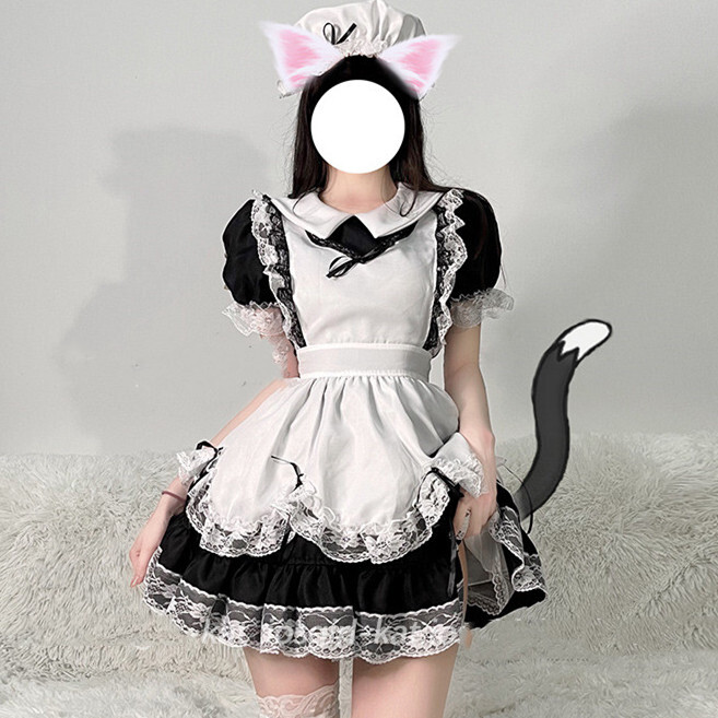 大人気 4点 かわいい メイド服 レース ブラック Lolita ボウタイ 少女 ワンピース Miyabi5