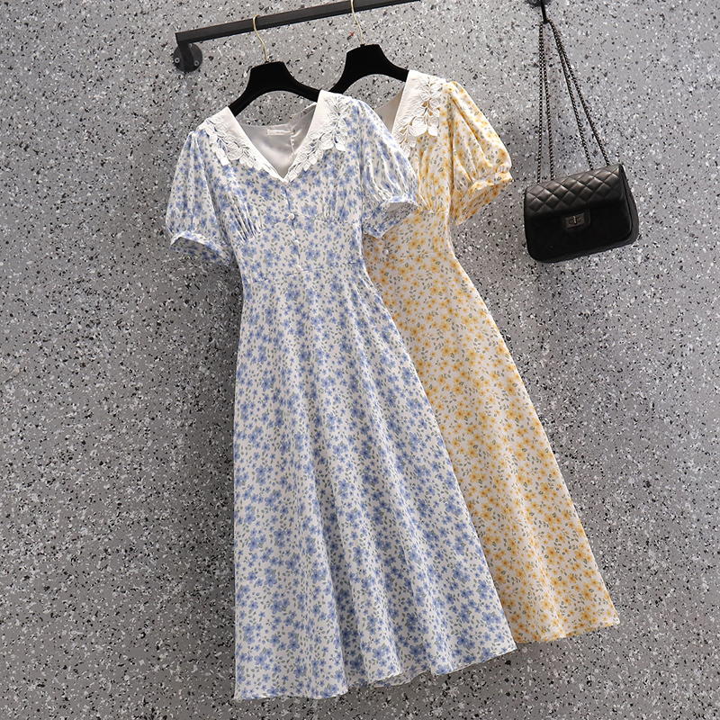 ワンピース 花柄 エレガント 大きいサイズ 通勤 気質満点 ブルー イエロー L Xl 2xl 3xl Dresszone
