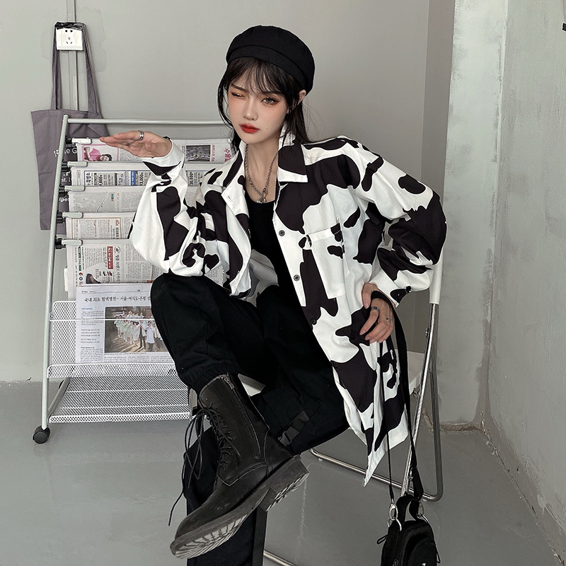 トップス シャツ 牛柄 ファッション 長袖 大人気 プリント ホワイト ブラック フリー Modocat