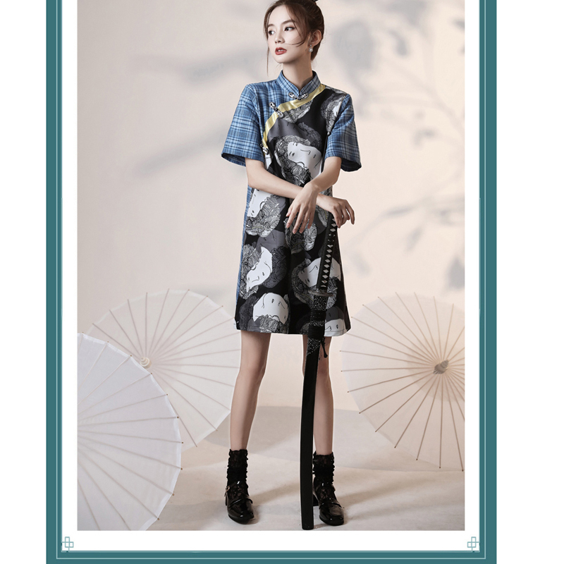 Yueqiaoシリーズ 改良型チャイナドレス ワンピース S M L チェック柄 ブルー 青い 切り替え Elegant