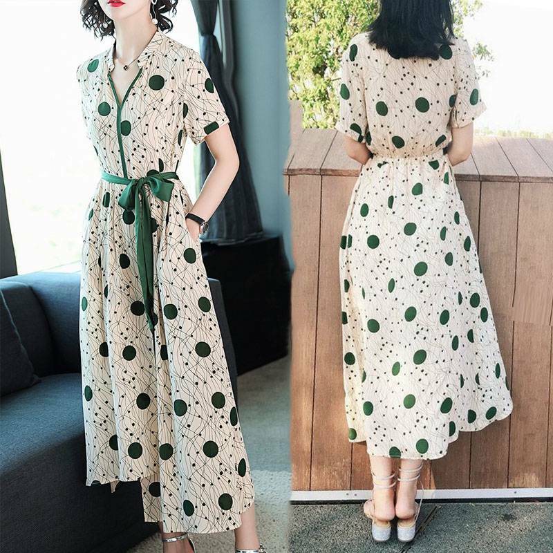 ワンピース レディース シフォンワンピース ゆったりワンピース ロング マキシ丈 ドット柄 水玉 大きいサイズ ワンピ Vネック Happy Toon