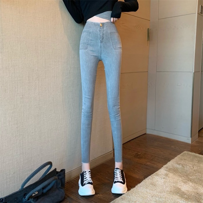 レトロ カジュアル ハイウエスト ジーンズ スキニーパンツ レディース ボトムス ストレッチ ペンシルパンツ ライトグレー ブラック 無地 9分丈 スタイルアップ 脚長効果 大人 スリム Cute クール アクティブ メンズライク 男ウケ デート服 楽ちん 韓国ファッション 通販