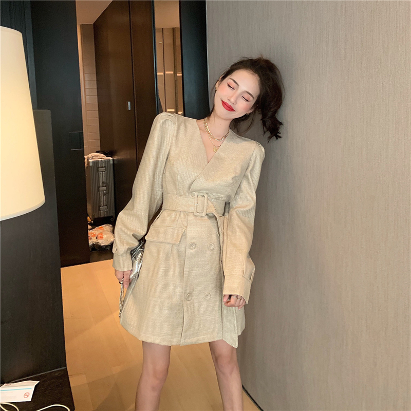 ベルト付き Vネックロングスリーブワンピース スタイルアップ バックジップ レトロ スーツ ジャケット コート風 清楚 長袖ワンピース パーティー イベント 結婚式 2色 Macaron