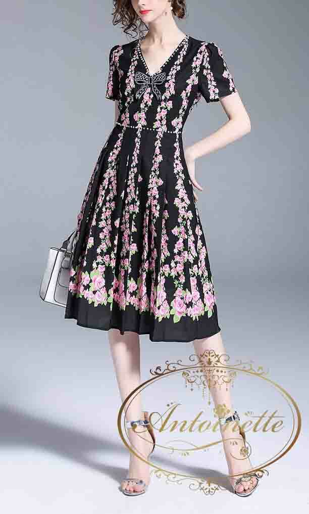 レディース パーティードレス 結婚式 お呼ば ワンピース 半袖 Aライン 膝丈 披露宴 二次会 フォーマル ワンピース 薔薇 バラ 花柄 Antoinette