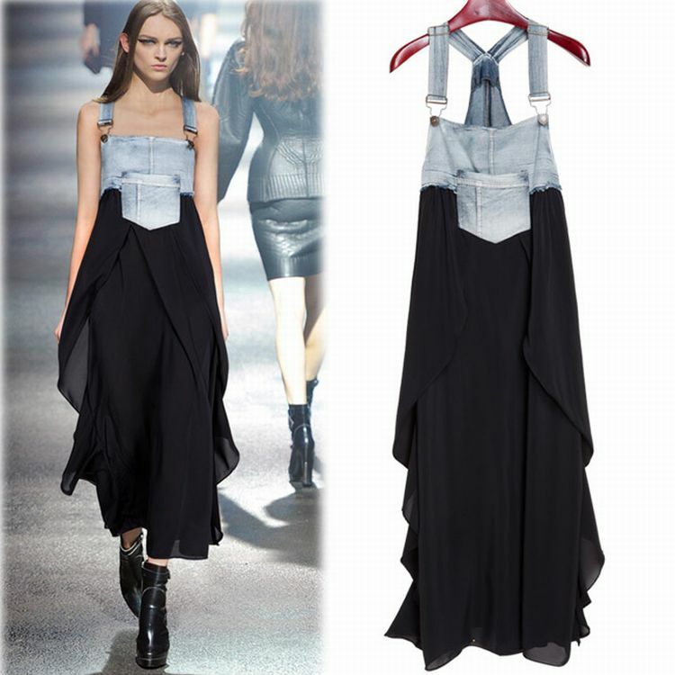 レディース ノースリーブ サロペット デニム切り替えワンピース マキシ丈ワンピース 春 夏 コーデ Chiffon Stitch Denim Strap Long Skirt Swing Maternity Dress Dct Value Rave Notice バリューレイヴノーティス 韓国ファッションやハワイアン