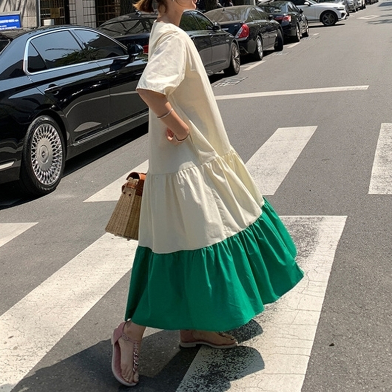 ティアードバイカラーワンピース 半袖 スクエアネック マキシ丈 きれいめコーデ Graces By Yuu