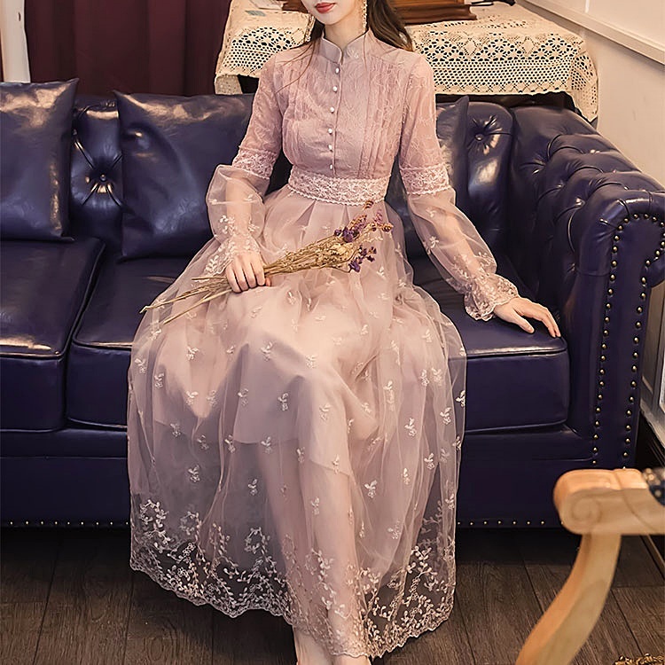 送料無料 ドレス レディース パーティードレス ワンピドレス ドレスワンピース カジュアルドレス スマートカジュアル ロング Aライン レース シフォン 透け感 シースルー ふんわり モテ 袖あり 長袖 半袖 スタンドカラー 襟付き ボタン ブラウス風 レトロ かわいい 大人