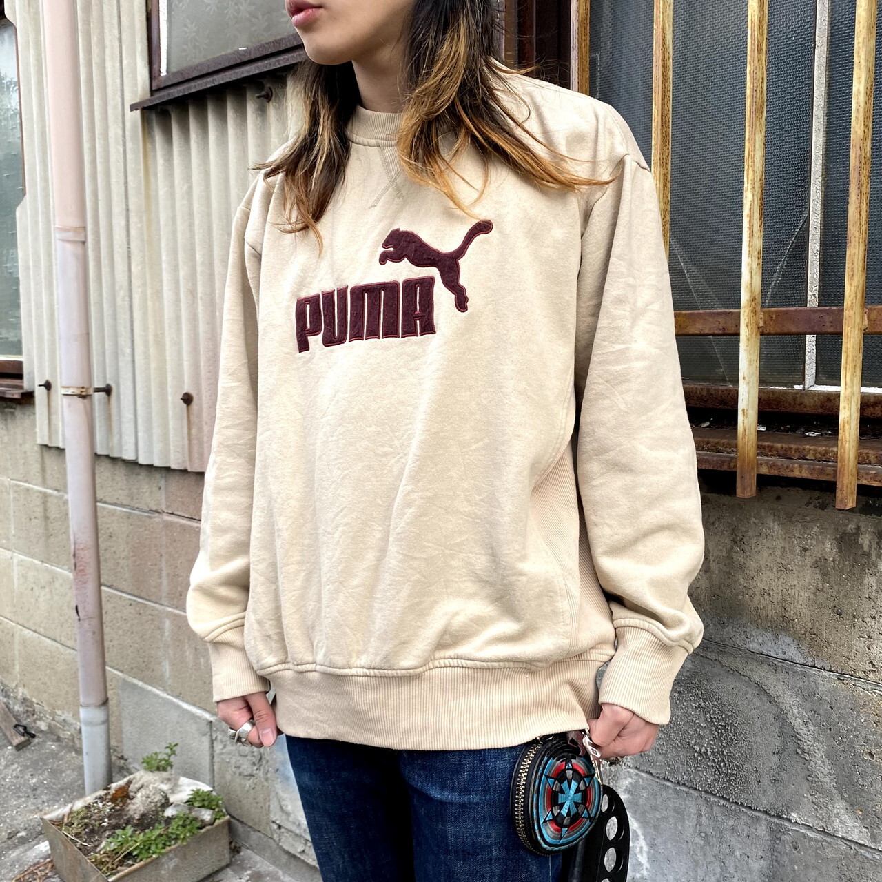 Puma プーマ フロントロゴ スウェットシャツ メンズl 古着 ワッペン 刺繍 トレーナー ベージュ スウェット Cave 古着屋 公式 古着通販サイト