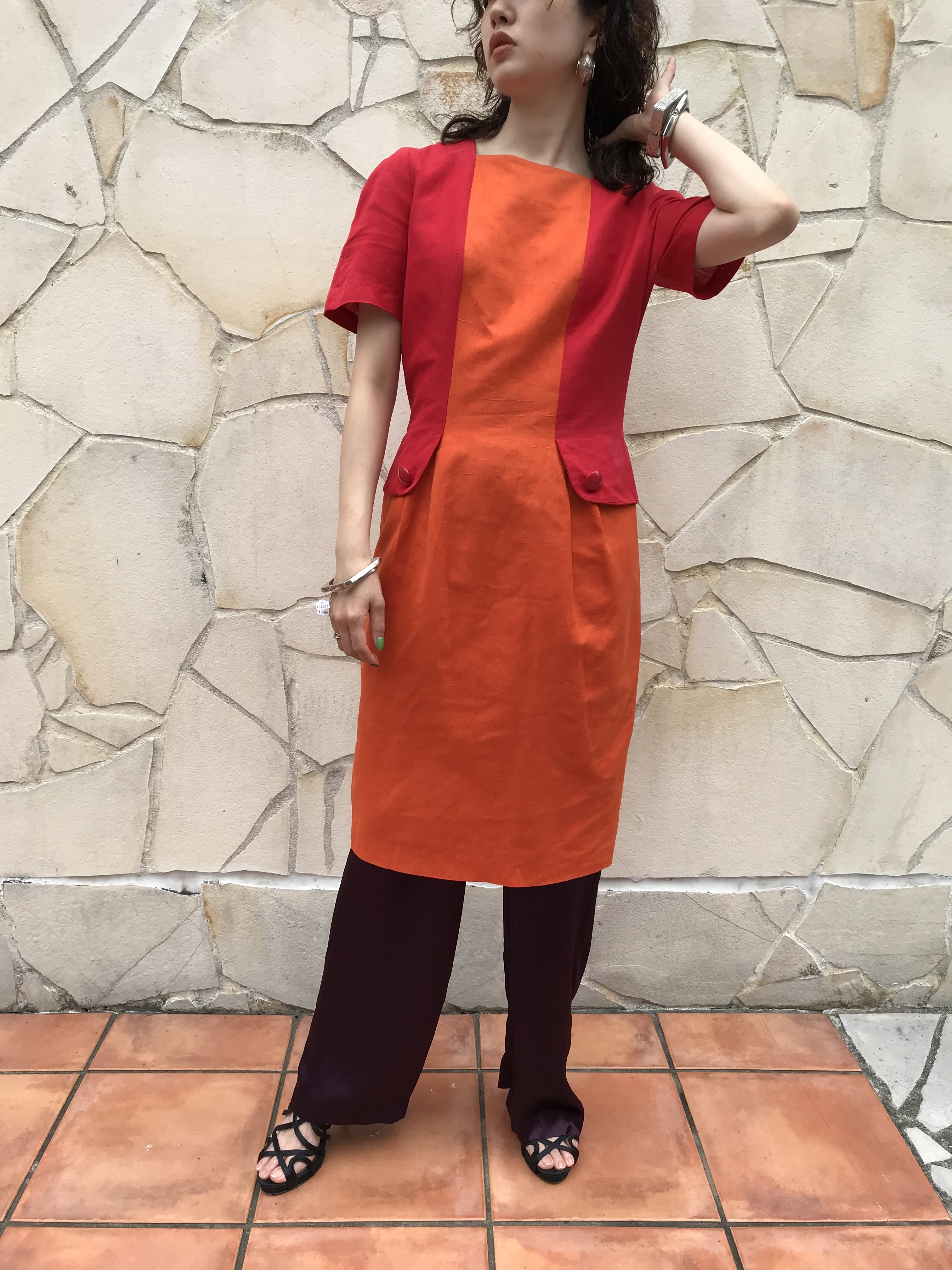 60s Orange Red Bi Color Cotton Linen Dress ヴィンテージ オレンジ レッド バイカラー コットン リネン ワンピース Riyad Vintage Shop