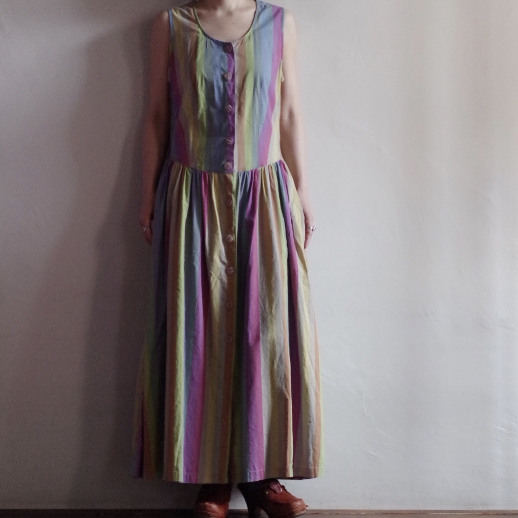 Colorful Stripe Cotton Dress カラフル ストライプ コットンドレス ワンピース 古着屋 仙台 Biscco 古着 Vintage 通販