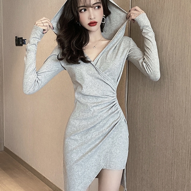 ワンピース 韓国系ギャザー飾りフード付き膝上ハイウエストワンピース Chuulife Com かっこかわいいストリート系を楽しもう