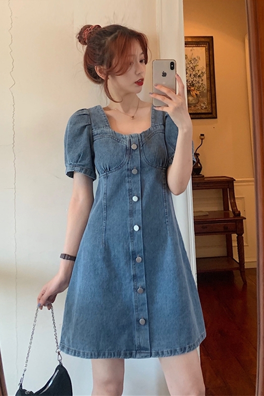 夏アイテム バルーン袖 ミニ丈 デニム ワンピース 半袖 シャツ ワンピ ミニスカ スカート デニムシャツ バルーンスカート ショート丈 夏服 レディース 韓国レディース キッズファッション Londonbridge ロンドンブリッジ