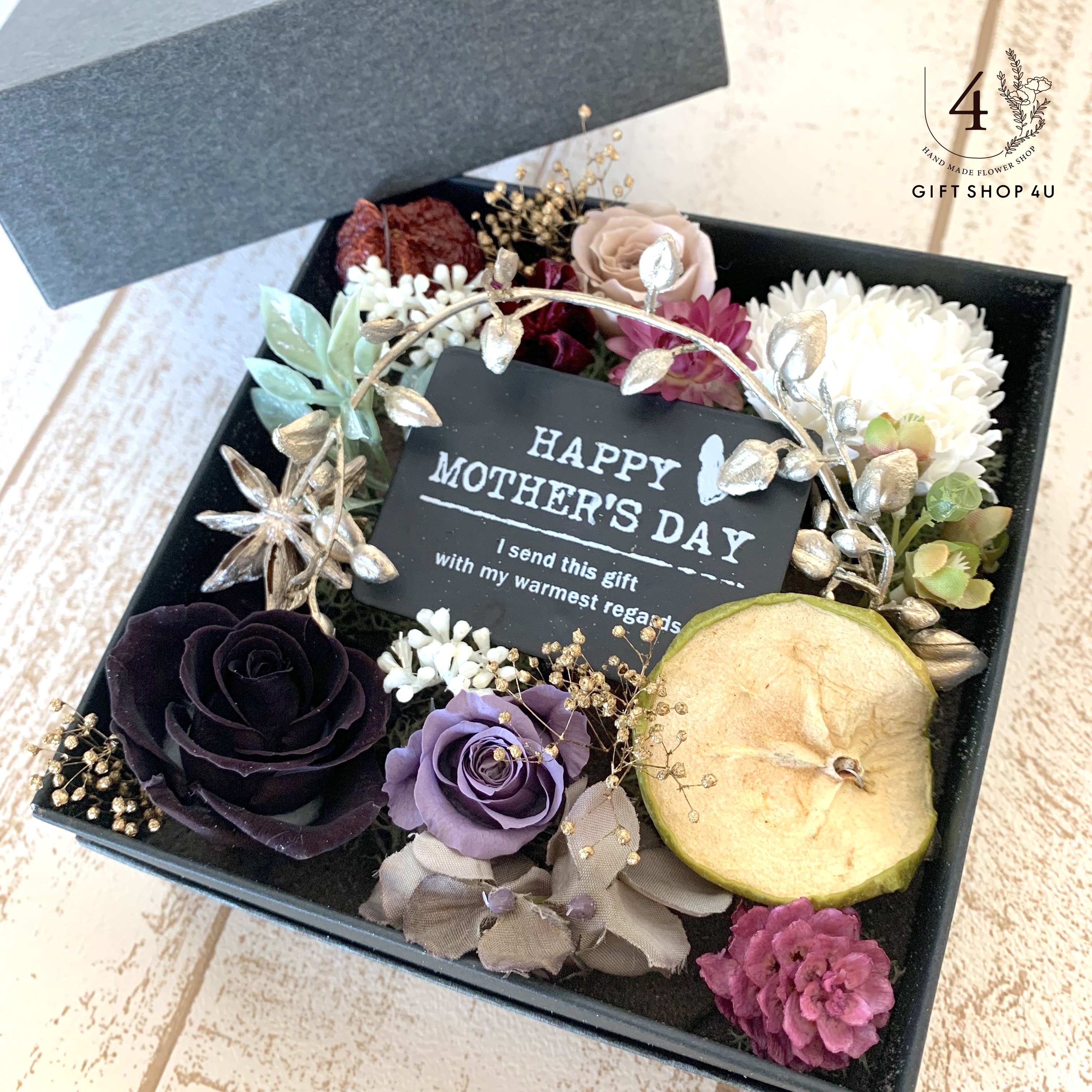 母の日 Mother S Day カーネーションフラワーボックス アンティークパープル フレグランスソープフラワー使用 カーネーション 母の日 プリザーブドフラワー 4u