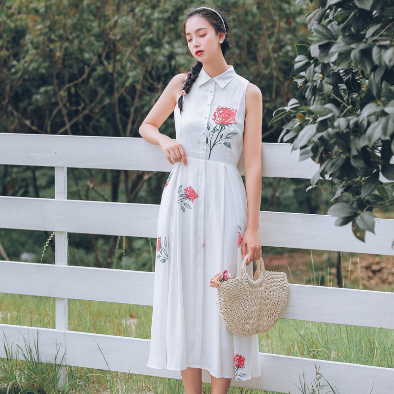 人気 夏物 ワンピース ロング ノースリーブ プリント柄 襟付き シャツワンピ 甘い 可愛い お洒落 Ys Ysstyle