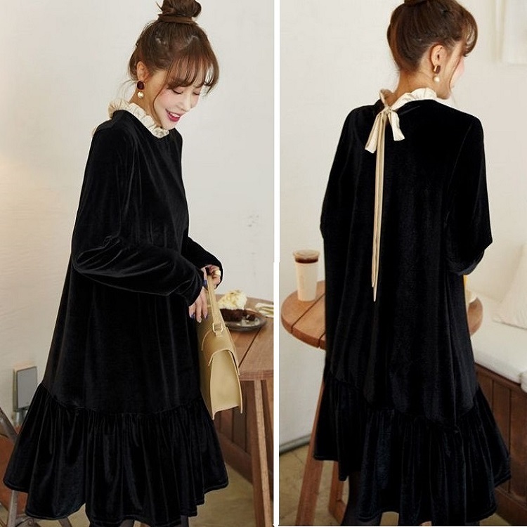 ベロアワンピース ワンピース ベロアワンピ レディース ベロア 黒 黒ワンピース 黒ワンピ ミニ リボン フリル Aライン 無地 秋冬 秋冬ワンピ シンプル 大人かわいい デート 通勤 通学 お呼ばれ 人気 新作 Op02 Colorful Closet おしゃれなトレンド海外レディース