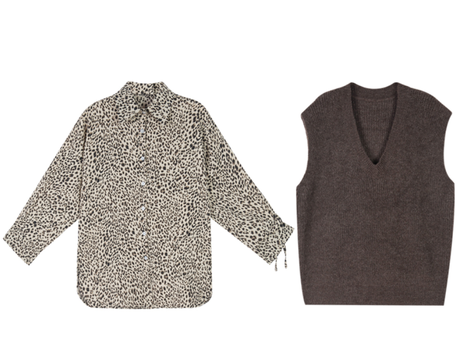 2点セット レオパード柄シャツ ニットベスト ヒョウ柄シャツ N099 Rumina Select Shop