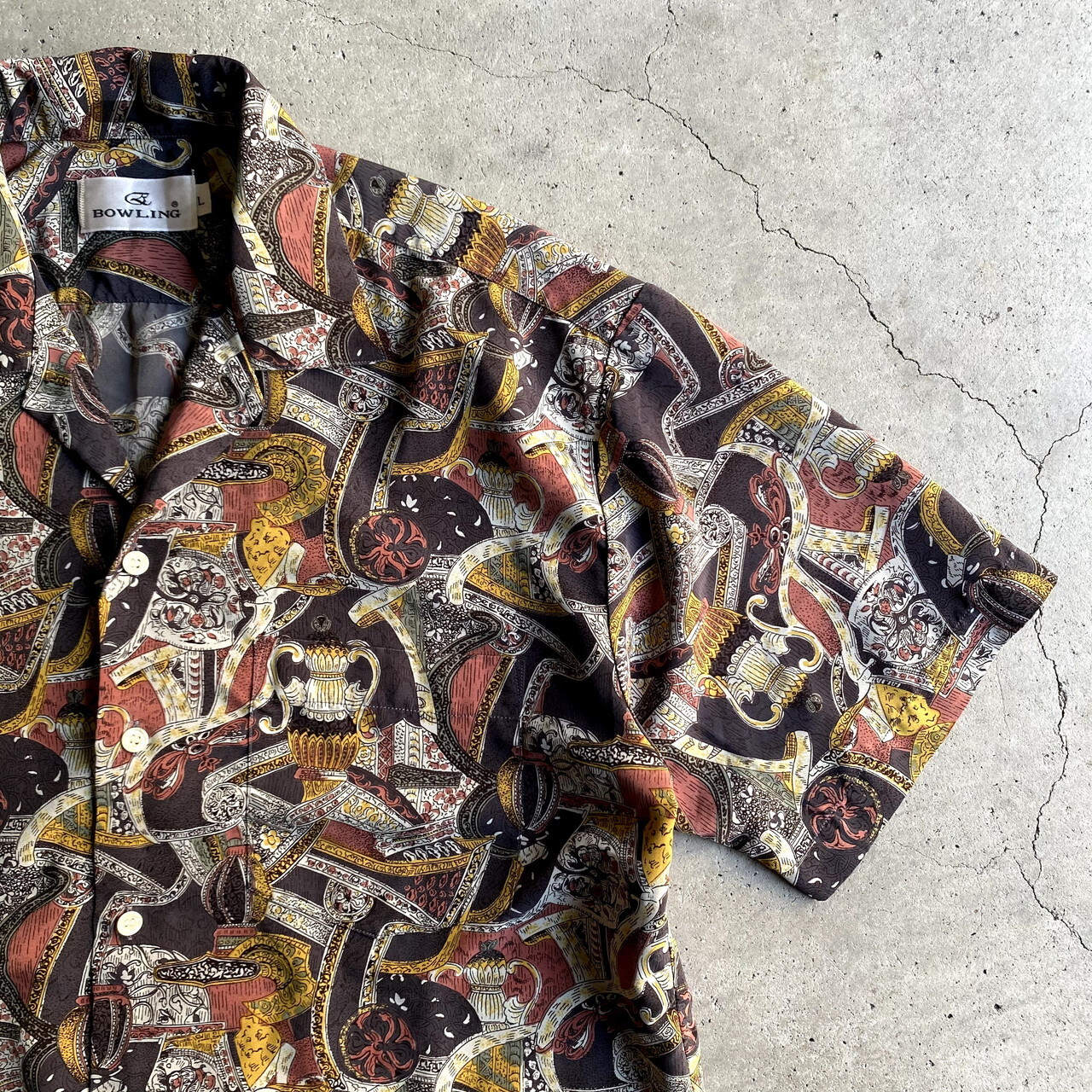 Bowling 半袖 総柄シャツ メンズl 古着 開襟 オープンカラー ブラウン 茶色 半袖シャツ Cave 古着屋 公式 古着通販サイト
