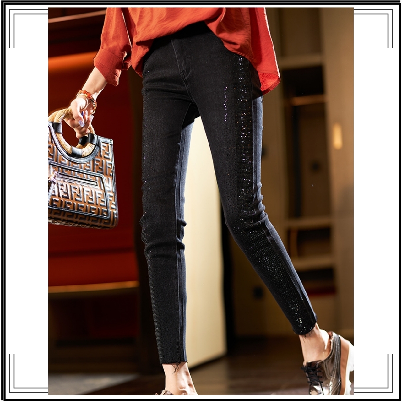 キラキラ デニムスキニー 裾切りっぱなし Crush Shine