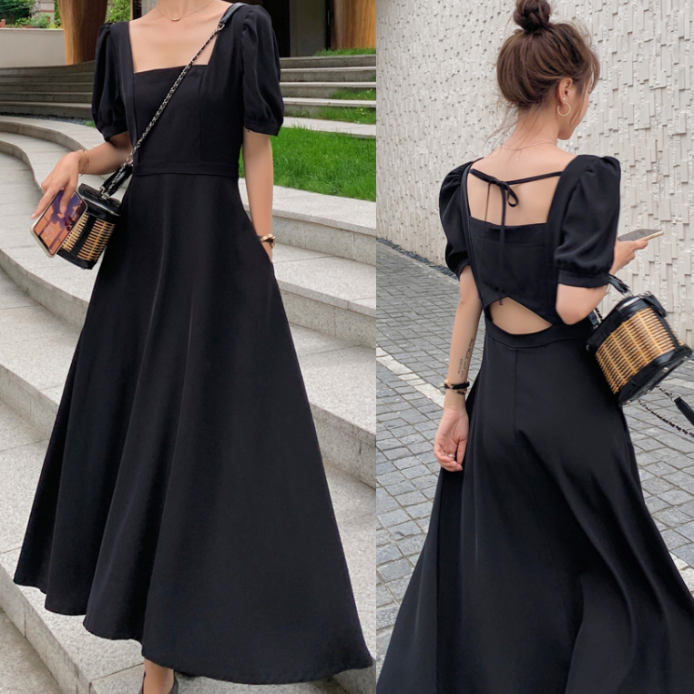 One Piece Back Open Long ワンピース バックオープン バックシャン バックリボン フレア ロング丈 マキシ丈 ブラック 無地 ハイウエスト 半袖 パフスリーブ スクエアネック 大人 可愛い ガーリー きれいめ カジュアル デイリー お出かけ デート 女子会 春 夏 大きい