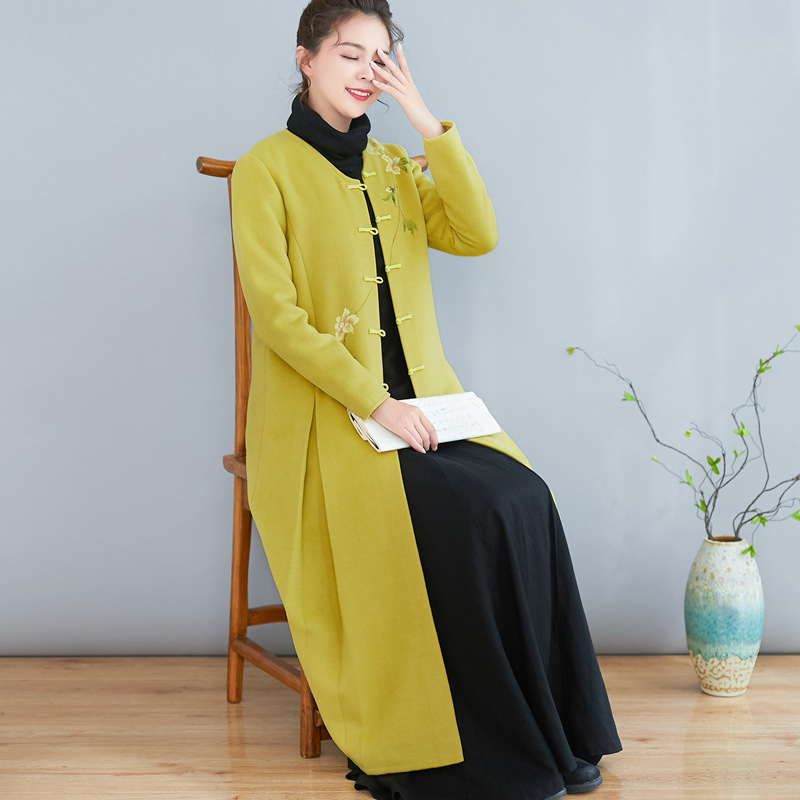 チャイナ風コート トレンチコート アウター チャイナボタン チャイナ風服 中華服 改良唐装 改良漢服 ワンピース チャイナドレス 民族風 S M L Ll 秋冬 ラシャ イエロー 黄色い Elegant