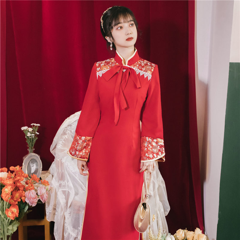 チャイナ風服2点セット チャイナ風ワンピース ベスト 改良型チャイナドレス ロングワンピース 中華服 普段着 女子会 同窓会 スタンドネック S M L レッド 赤い 美品 Elegant