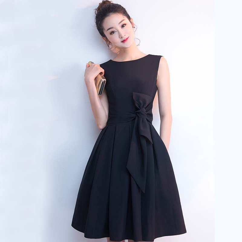 ワンピース ドレス レディースファション 二次会 パーティー 結婚式 上品 エレガント シンプル ラウンドネック ノースリーブ Aライン 膝丈 ブラック レッド ネイビー 大きいサイズ S M L Ll 3l 4l リボン付き Elegant