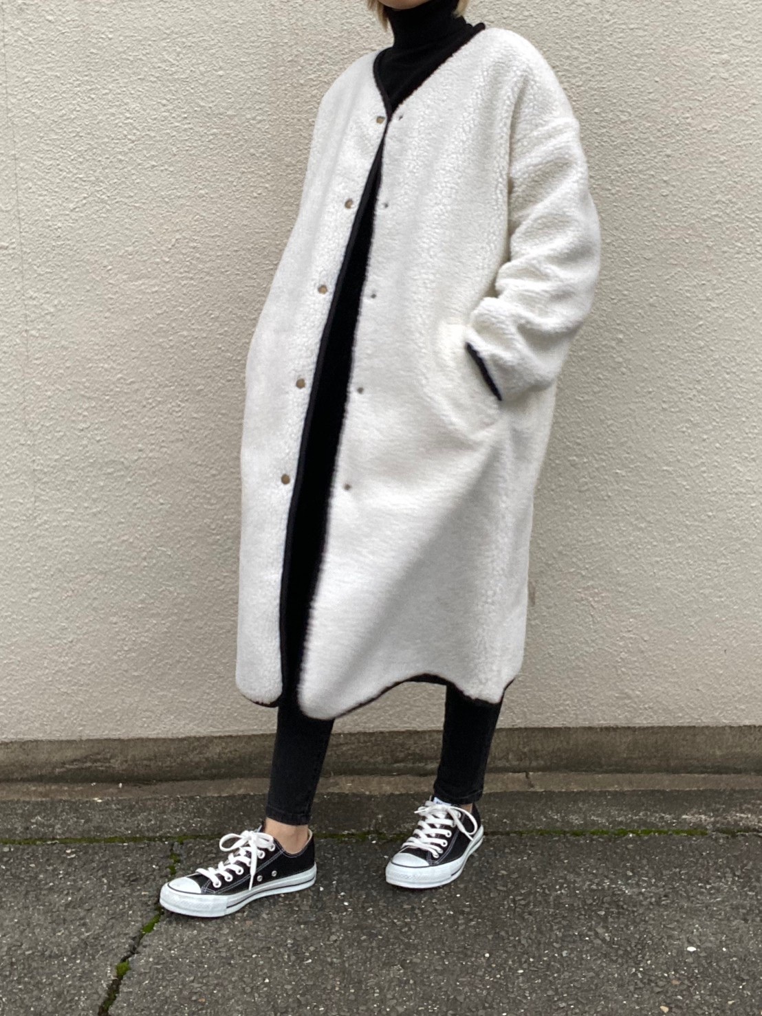 即納 No 990 リバーシブルノーカラーボアロングコート レディース Il