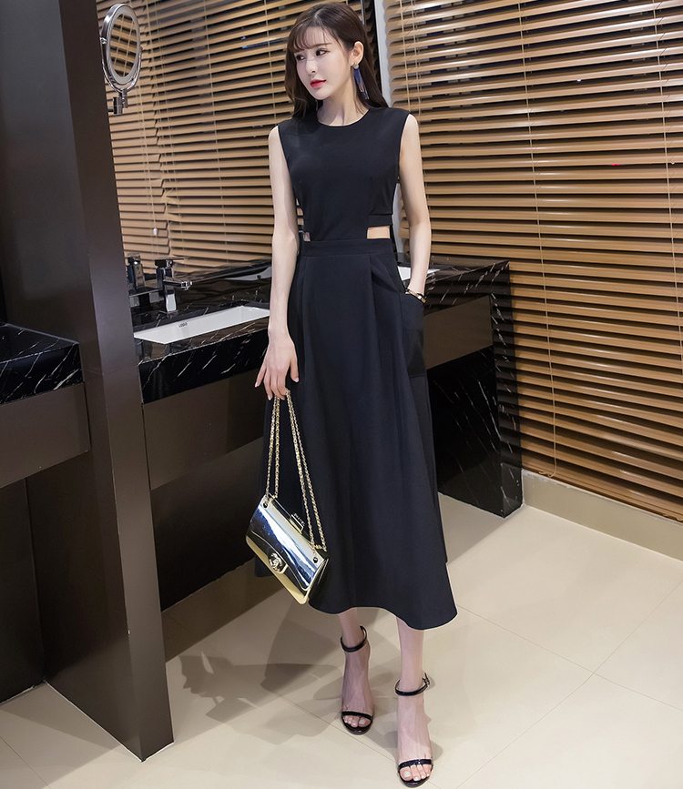 ウエストマーク ワンピース スリット セクシー かっこいい ロング丈 ノースリーブ ラウンドネック フレアスカート Happy Toon