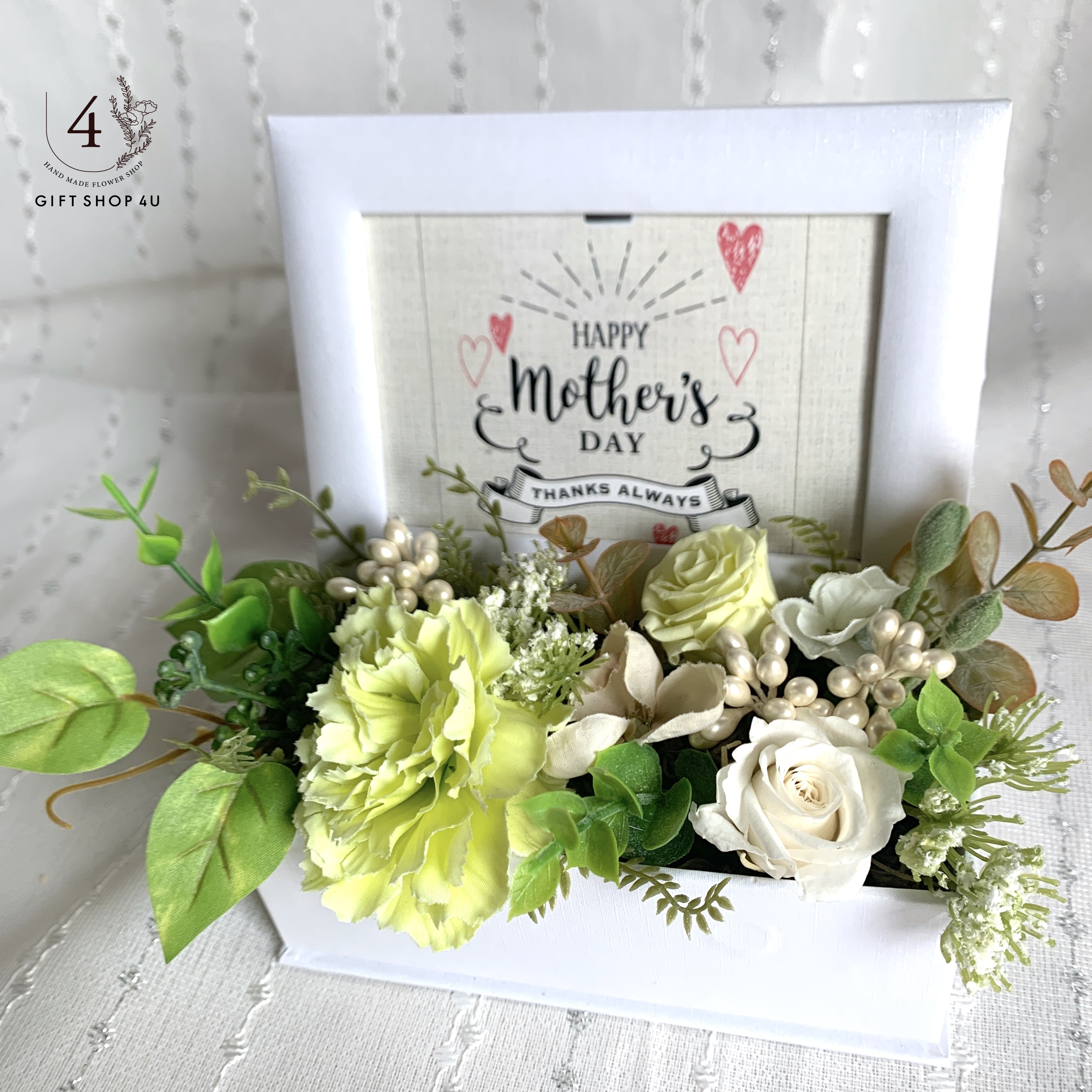 母の日 プリザーブドフラワーフォトフレーム グリーン カーネーション フォトフレーム １ 4u