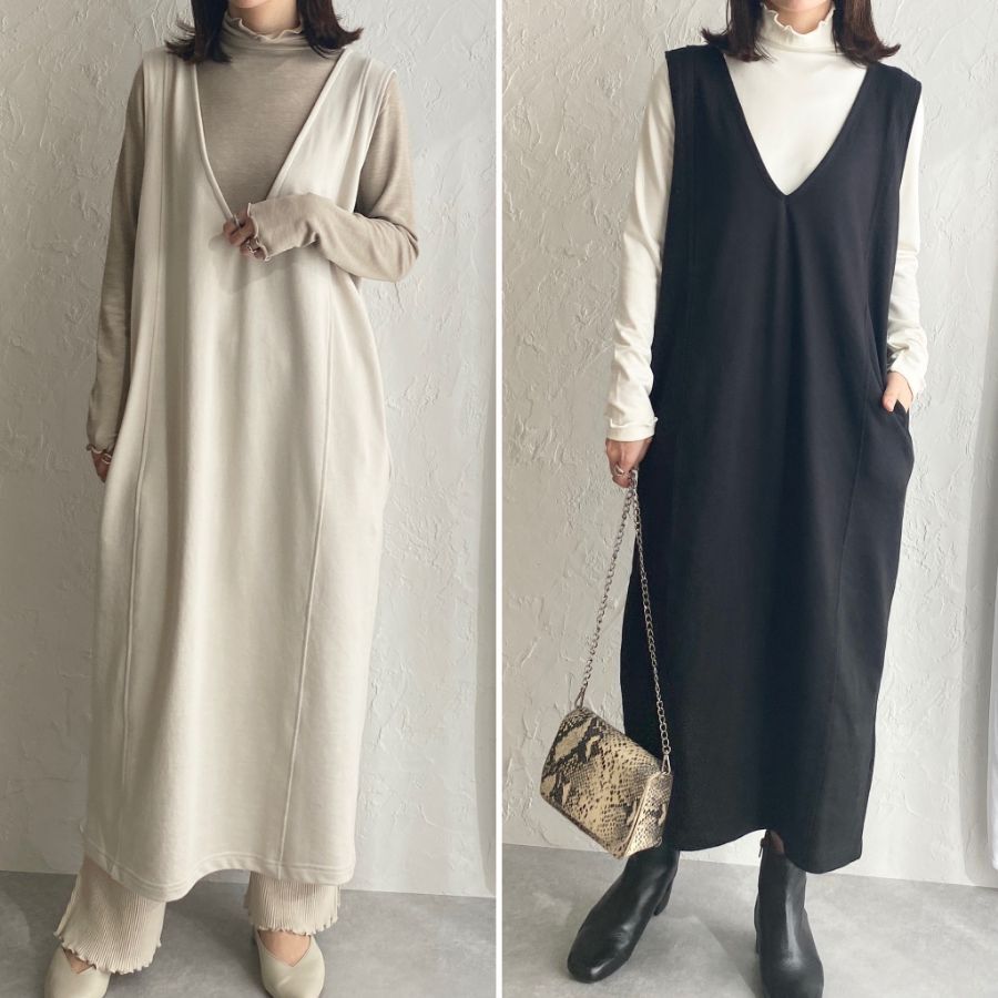 予約 深 Vネック ワンピース ロング ジャンパースカート スウェット ノースリーブ スリット入り 前後2way レディース She S Closet