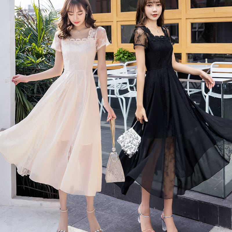パーティー ドレス ワンピース シフォン レース 半袖 ミモレ丈 スクエアネック 結婚式 韓国 Mme6016 Dress Bird