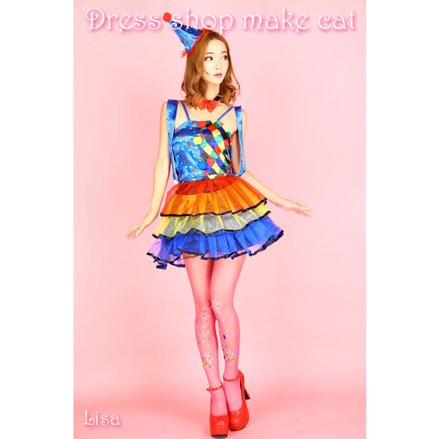 ハロウィンコスチューム ピエロ 道化師 サスペンダー一体デザインのカラフル可愛いピエロ衣装 Dress Shop Make Cat Black ドレスショップメイクキャットブラック