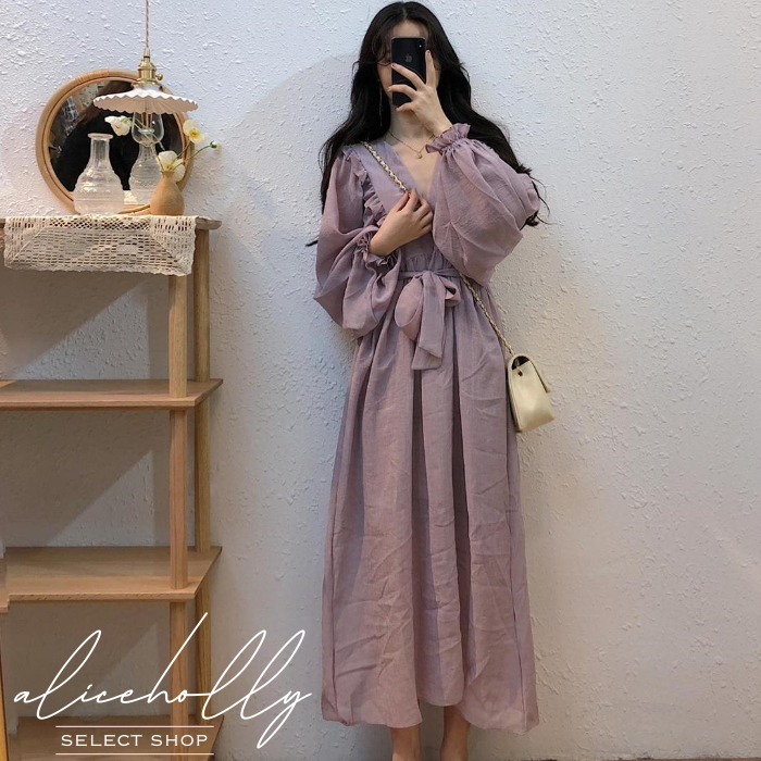 オルチャンファッション 韓国レディースファッション Ah1044 Vネック ボリューム袖 フレア ウエストマーク ワンピース 流行オルチャンファッション 人気のプチプラ韓国レディースファッション新作通販 Aliceholly