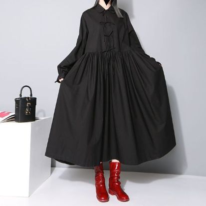 黒 即発送可能 黒ワンピースドレス シャツワンピース 長袖 ロングワンピース 黒 シフォン ビッグシルエット レディース 体型カバー Jm4127 ワンピの里