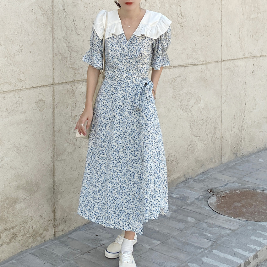 フリルカラーワンピース ワンピース ワンピ カシュクール 花柄 半袖 ビッグカラー ハイウエスト フリル かわいい 人気 レディース 安い 韓国ファッション 633 Sinsakumall フリルカラーワンピース ワンピース ワンピ カシュクール 花柄 半袖 ビッグカラー ハイウエスト フリル かわいい 人気 レディース 安い 韓国ファッション 633 Sinsakumall