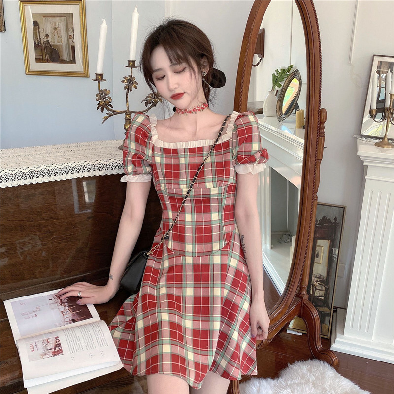 赤の格子柄ワンピース S M 1703 韓国レディースファッション通販tgy ティージーワイ