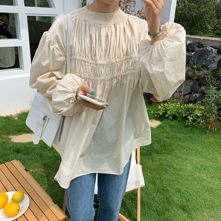 送料無料 今っぽレトロガール パフスリーブギャザーチュニックブラウス シャツ トップス かわいい Lamitte Deco トレンド 韓国ファッション ショップ