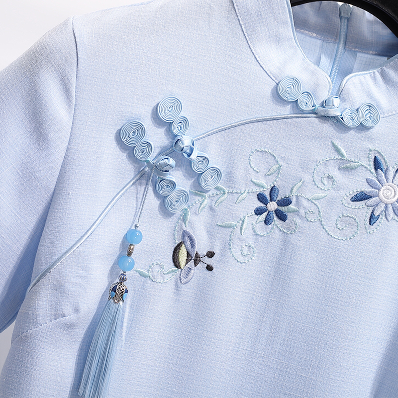 吾家有衣シリーズ チャイナドレス チャイナ風ワンピース 中華服 刺繍 可愛い 着痩せ 夏 半袖 青い ブルー Elegant