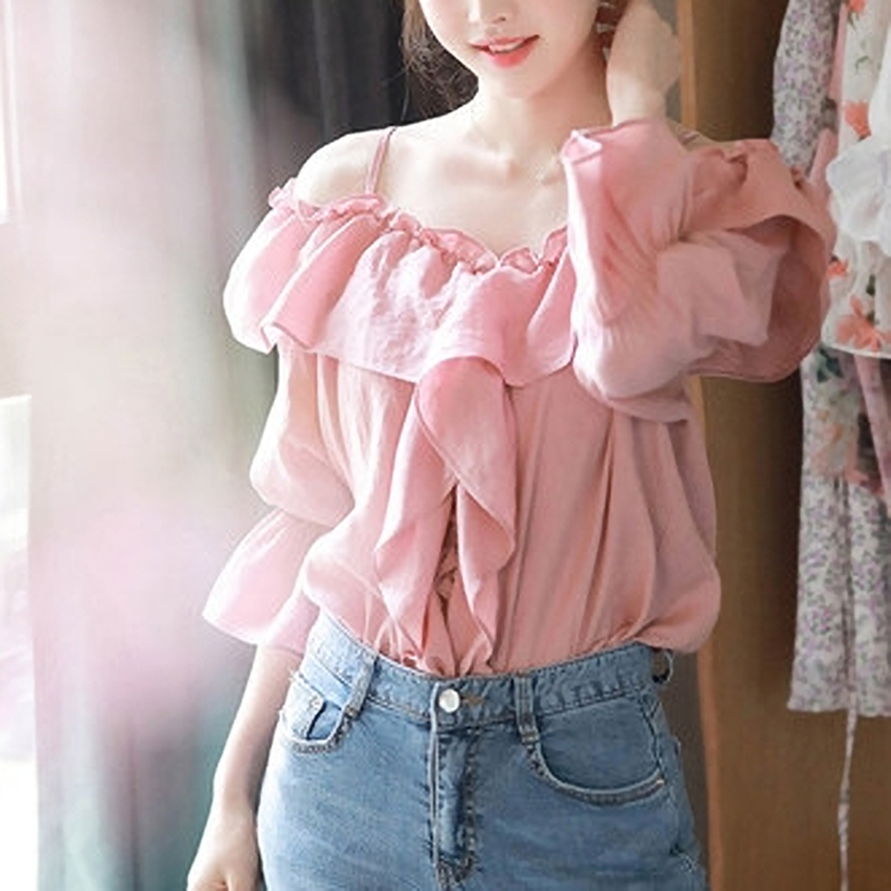 オフショルダーフリルブラウス Bl156 Mimipecher ミミペシェ