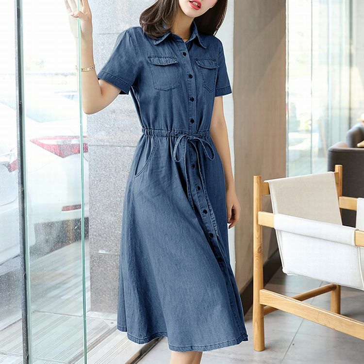 レディース デニムシャツワンピース デニムワンピース 半袖 春コーデ 夏コーデ Loose Thin Short Sleeved Long Section Denim Dress Swing Skirt Dct Value Rave Notice バリューレイヴノーティス 韓国ファッションやハワイアンジュエリーなど海外通販