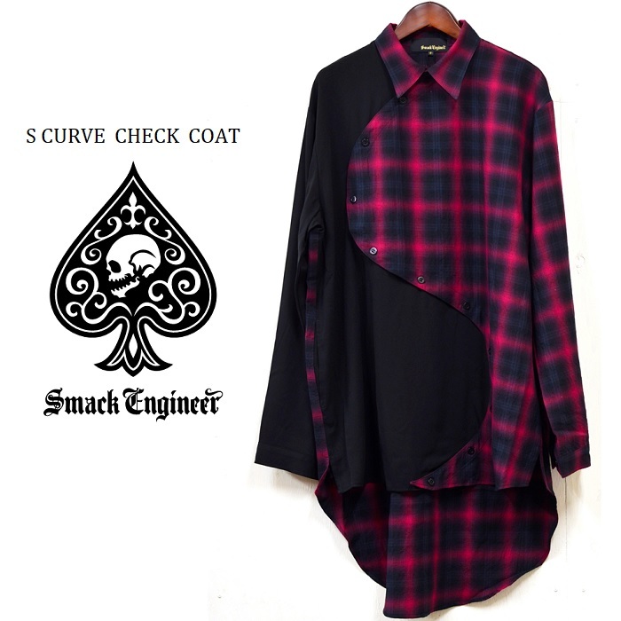 Smack Engineer スマックエンジニア S Curve Check Coat ロングチェックシャツ シャツコート 変形シャツ 長袖 赤黒 レッド ブラック スカル ドクロ スペード メンズ レディース Punk Rock パンク ロック バンド フェス ギフトラッピング無料 ステージ衣装 Rogia