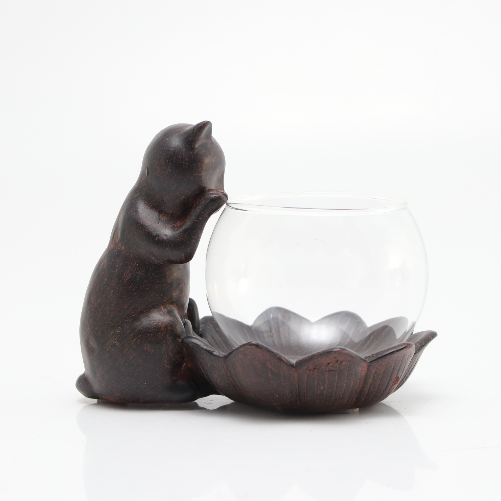 フラワーベース 花瓶 ガラスベース 猫 ネコ キャット 猫雑貨 アジアン雑貨 オブジェ 置物 水鉢 メダカ鉢 雑貨屋リエット