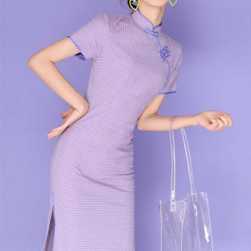 チャイナドレス ロングワンピース 半袖 スリット チェック柄 パープル 紫色 S M L Ll 可愛い Elegant