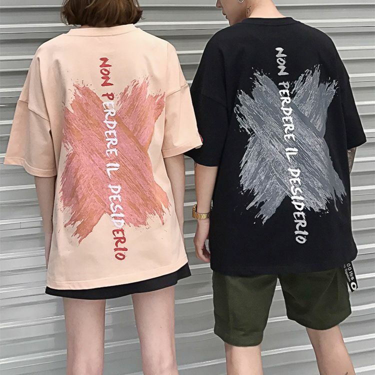 2カラー ユニセックス メンズ レディース ペア バックプリント Tシャツ 半袖 ロゴ 幾何学 ストリート Large Size Short Sleeve T Shirt Loose 5 Point Sleeve Dct Value Rave Notice バリューレイヴノーティス 韓国ファッションやハワイアン