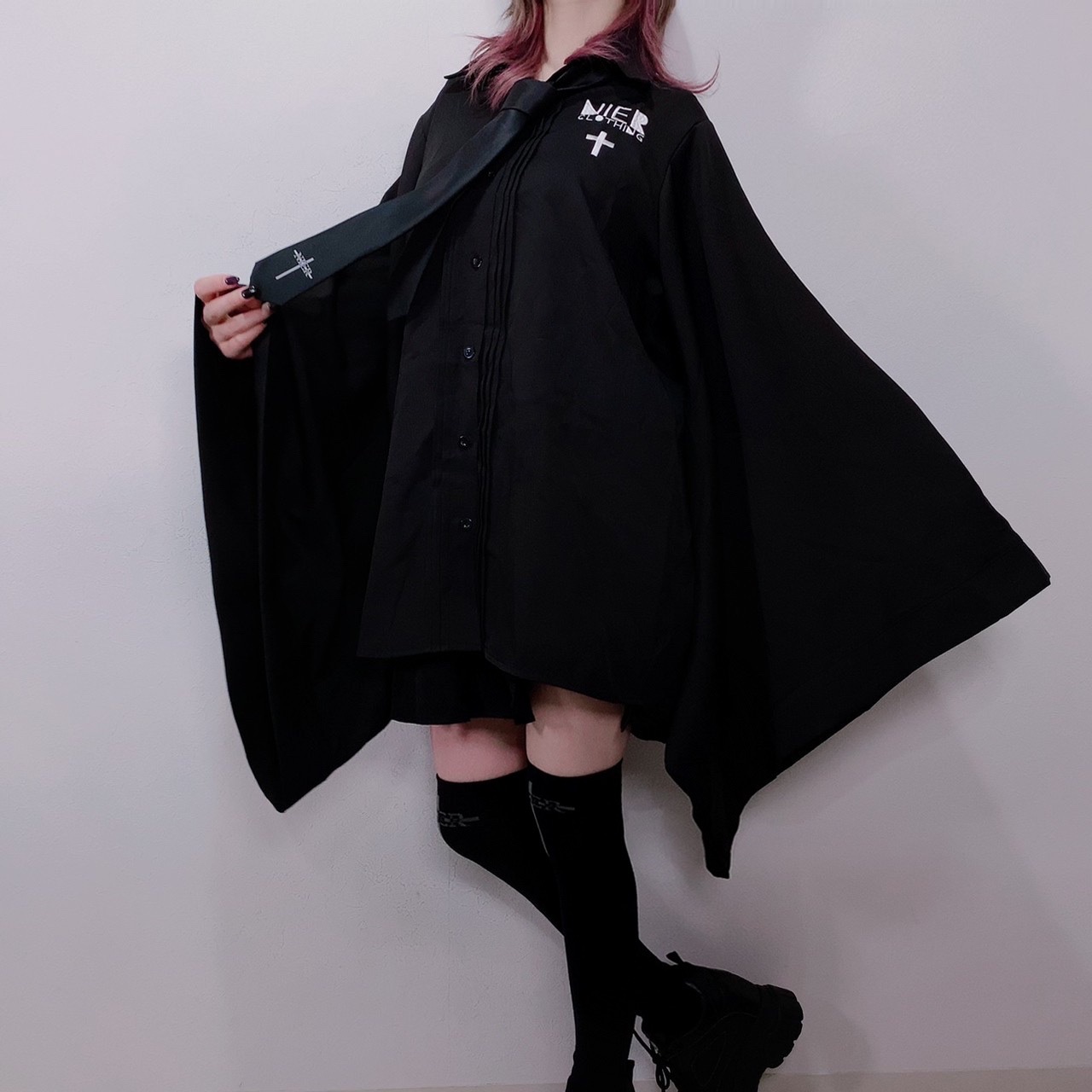 着物風袖black Shirt 刺繍logo Nier