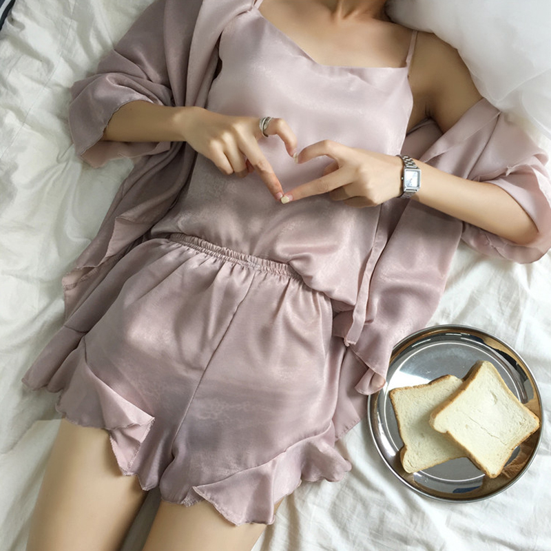 セクシー 3点セット カーディガン付き ルームウェア 可愛い パジャマ 韓国 ベロア Macaron