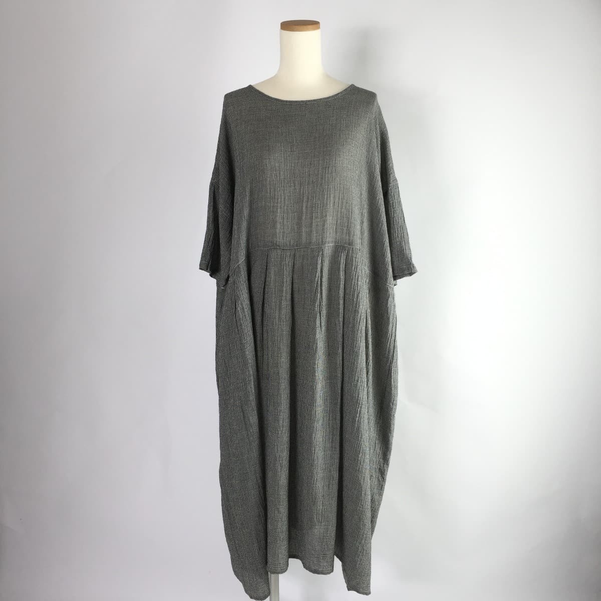 Ohana オハナ シャーリングボイルワイドタックワンピース ロング 半袖 ギンガムチェック 綿 モノトーン フクル ファッションブランドユーズドセレクトショップ